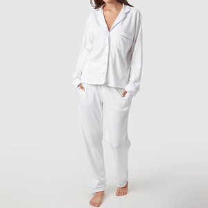 Ropa de descanso personalizada, <span class=keywords><strong>pijama</strong></span> blanco de 2 piezas 100% algodón <span class=keywords><strong>Pima</strong></span>, ropa de dormir para mujer, conjuntos de ropa de salón para mujer - Product Image 1