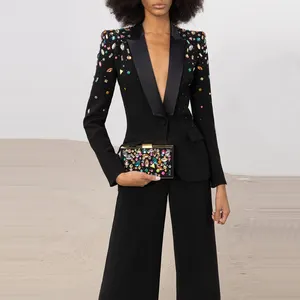 HIGH STREET Custom ize Service Designer Runway Fashion Anzug Set Damen Slim Fitting Diamonds Perlen Blazer Hosen Set