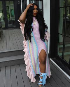 Abito Lungo Sexy con <span class=keywords><strong>Maniche</strong></span> <span class=keywords><strong>Corte</strong></span> Arricciate, Lavorato a <span class=keywords><strong>Maglia</strong></span>, Stampa a Righe e Spacco - Product Image 5