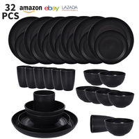 Ensemble de vaisselle en paille de blé noire et plastique PP, compatible micro-ondes, assiettes, bols, tasses, plat de service, style vintage de luxe léger