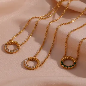 Collar al por mayor impermeable 18K chapado en oro de acero inoxidable conjuntos de joyas Twist Circle perla cristal colgante collar para mujer