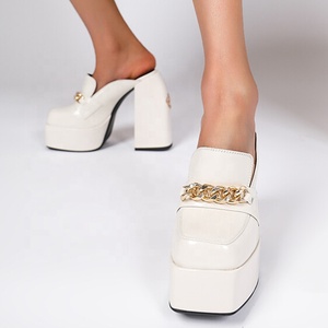 Sandalias de Tacón Alto con Punta Cuadrada, Cómodas y Sensuales, con Cadena Dorada, Parte Superior de Cuero Vacuno, Estilo Slip-on, Plataforma para Mujer, Verano-Otoño - Product Image 4