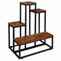 Rak Tanaman 4 Tingkat dengan Bagian Atas Kayu MDF Cokelat Rustic, Rak Pajangan Pot Bunga dari Besi Logam Hitam untuk Ruang Tamu Balkon Teras
