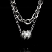 Collier chaîne cubaine double couche en acier titane poli, avec pendentif baril rotatif incrusté de zircon, unisexe, pour le quotidien, style streetwear et hip-hop