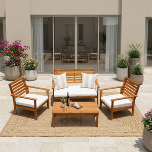 Ensemble de canapés de jardin en bois, style méditerranéen, mobilier d'extérieur avec coussins blancs, design durable pour usage en terrasse - Product Image 1