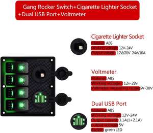 Panel de interruptor de barco marino de 12V, interruptor basculante de 4 entradas impermeable con enchufe de ranura USB Dual de 3.1A + encendedor de cigarrillos con <span class=keywords><strong>Overl</strong></span> - Product Image 5