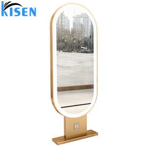 Mueble de exhibición de acero inoxidable KISEN para salón, tocador y estantes de almacenamiento, mini espejo contemporáneo para uso en barberías. - Product Image 1