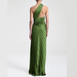Abito Lungo di Lusso Verde Monospalla con Dettagli Plissettati e Arricciati in Raso per Gala, Personalizzabile - Product Image 5