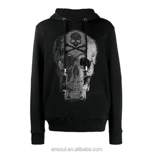 Toptan damla omuz yüksek kalite erkekler siyah iskelet Streetwear özel Logo kafatası suni elmaslı yama Hoodie erkekler için