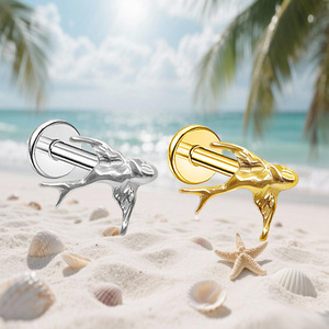 Boucles d'oreilles clous en titane motif fleur et cerf, bijoux de piercing unisexe ASTM F136, argent 925, doré et argenté - Product Image 4