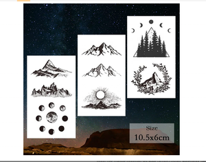 62 Fogli di Tatuaggi Temporanei con Motivi di Montagna, Inclusi Tatuaggi Impermeabili Neri con Geometrie, Sole, Stelle, Luna, Alberi, Triangoli - Product Image 2