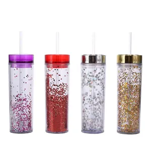 14oz 16 oz white classic double wall acrylic skinny glitter plastic tumbler cups with lid and straw