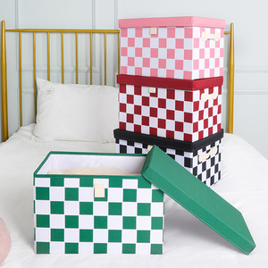 Checkerboard <b>Storage</b> <b>Box</b> Cotton <b>Linen</b> Fabric Extra Large Foldable Clothing Organizer Rectangle Shape Household Use - Product Image 2