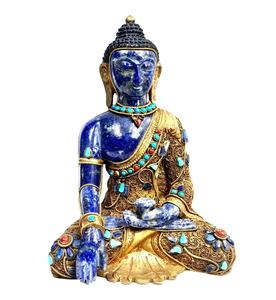 Lapis Lazuli Handcrafted Brass <b>Gold</b> Filigree Buddha <b>Statue</b> Sculpture Handmade Home Decor India Rudra Gems Brand Casting - Product Image 2