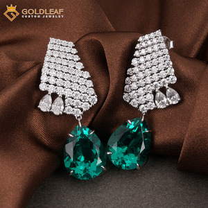 Goldleafgems Lab Grown Emerald Pear Cut <b>Dangle</b> Drop <b>Earrings</b> 925 Sterling Silver Pave Halo Statement Fine Jewelry - Product Image 1