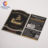 Étiquettes de vin rouge personnalisées de luxe Draboat Castu, autocollants mats noirs avec dorure à chaud et illustration à lignes fines, code-barres pour bouteille de 750 ml