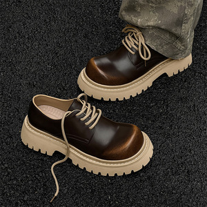 Men's Height Increasing Platform Thick Sole Lace-Up Round Toe Fashion <b>Shoes</b> with Cow Leather Upper and Rubber Outsole - Product Image 3