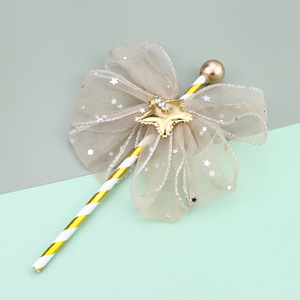 Mesh Lace Star Bow Fairy Wand Cake Topper Birthday Party Decoration Handmade Girly Princess Plug In - Product Image 2