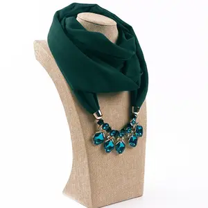 Wholesale jewel scarf acrylic diamond chiffon jewelry necklace scarf with pendant for women