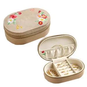 Mini oval shaped jewellery case antique travel jewellery ring bracelet organizer zipper Satin Sequin velvet embroidery box