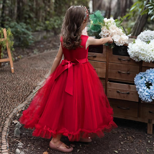 Princess Dress For Girls V Neck Ball Gown Red Tulle Flower Girl Dress With Gold Embroidery Kids Formal Wear - Product Image 3