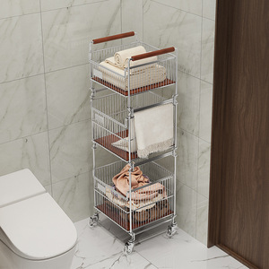Panier de rangement pour vêtements sales en fer <span class=keywords><strong>à</strong></span> double couche moyen ancien <span class=keywords><strong>chariot</strong></span> mobile domestique avec roues de séparation paniers sacs <span class=keywords><strong>à</strong></span> <span class=keywords><strong>linge</strong></span> - Product Image 2