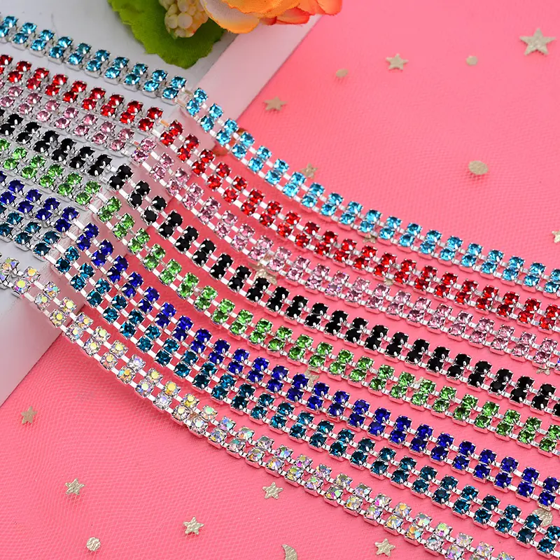 Goede Kwaliteit SS12 Dubbele Rijen Kleurrijke Rhinestone Trim Cup Crystal Claw Chain Zilveren Onderkant Diy Accessoires