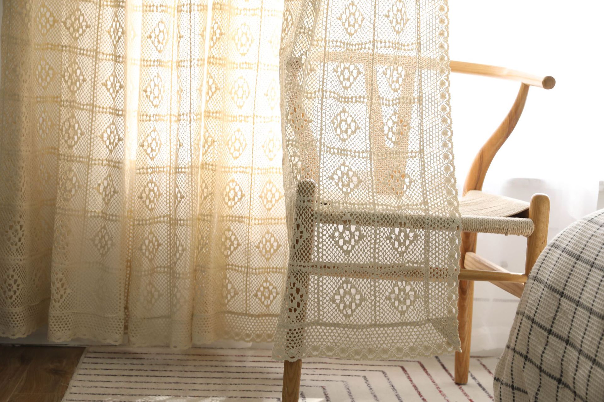 批发涤棉面料美国田园风格手工钩针窗帘客厅波西米亚风格印花窗帘