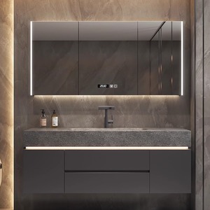 Gray slate floating bathroom vanity with integrated sink LED smart cosmetic <b>mirror</b> storage <b>wall</b> cabinet - Product Image 5