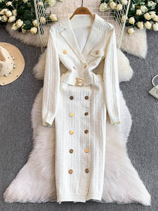 Robe en maille pour femme, coupe trapèze, taille ajustée, col tailleur, imprimé floral <span class=keywords><strong>labyrinthe</strong></span>, style décontracté et tendance, hiver - Product Image 2