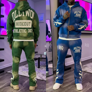 Thoáng khí Heavyweight axit rửa mồ hôi phù hợp với bông dày Zip ĐÍNH THÊU vá loe đầy đủ bộ đồ thể thao Hoodies Bộ người đàn ông - Product Image 3