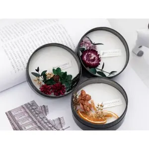 Custom Black Tin Dried Fruit Flower Soy Wax Botanic Floral Scent Wholesale Tin Scented Luxury Candles