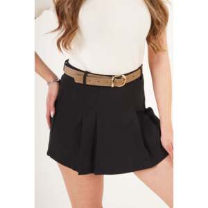 LUSTRIN Black Pleated Mini <b>Skirt</b>-Shorts with Belt Detail for Women - Stylish and Comfortable Polyester Blend Design - Product Image 3