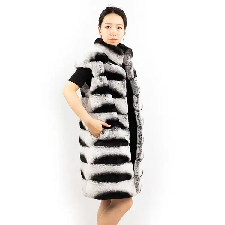 DH IATOYW Fashionable Luxury Girls Chinchilla Real Rex Rabbit Fur Vest for Women