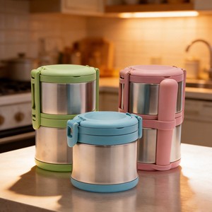 Stainless Steel Vacuum Insulated <b>Lunch</b> <b>Box</b> Double Layer Sealed Portable With Spoon Cylinder Shape Solid Color Pink Blue Green - Product Image 1