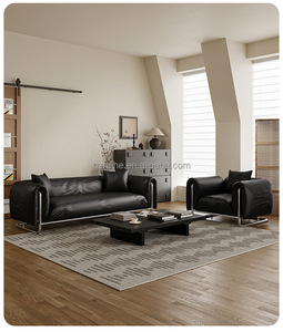 Juego de sofás italianos modernos de cuero 1 + <span class=keywords><strong>2</strong></span> + <span class=keywords><strong>3</strong></span> para salas de estar pequeñas, muebles de fila recta negros - Product Image 6