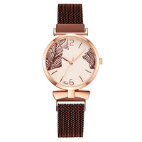 Montre Femme Tendance à Motif Feuille Artistique, Bracelet Magnétique, Montre-Bracelet à Quartz pour Paresseuses, Modèle Femme, Vente Chaude à l'Export
