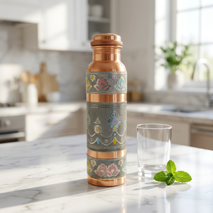 Botella de Agua Ecológica de Cobre Puro Cepillado Premium con Diseño Floral Meenakari Plateado, 100% Hermética, Ayurvédica, para el Hogar - Product Image 1