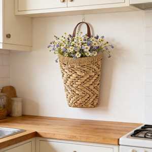Cesta Colgante Hecha a Mano de Jacinto de Agua, Cesta de Flores Tejida para Puerta Principal, Macetero Rústico de Pared para Decoración de Entrada de Casa de Campo - Product Image 6