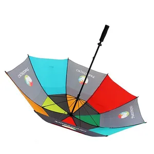 Advertising Straight Customized Logo Double Layer Windproof Fiber Frame Auto Open Bulk Imprinted Branded Golf Umbrella