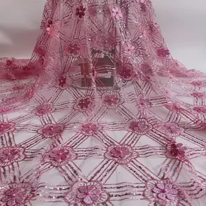 LS004钻石图案珠网纱布3D花朵亮片粉末闪光刺绣晚礼服面料