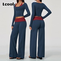 Ensemble de yoga Lcool Color Block effet deux pièces pour femme, haut à manches longues et pantalon large taille haute, respirant, pour la gym et l'entraînement sportif