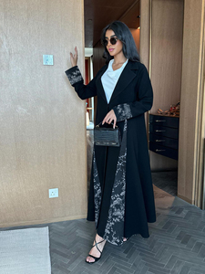 Abaya Negra con Jacquard de Hojas de Bambú, Bordada, Abierta por Delante, Túnica Modesta, Ropa Islámica Elegante para el Día a Día y Ramadán - Product Image 2