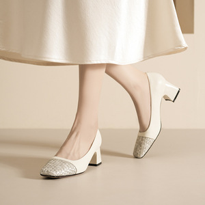 SQUARE TOE PUMPS <b>BLOCK</b> HEEL HIGH 5CM-8CM CHECKERED LEATHER LINING <b>RUBBER</b> OUTSOLE OFFICE SHOES FASHION TREND - Product Image 3