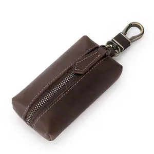 Large Capacity Crazy Horse Leather Key Bag Vintage Head Layer Cowhide Key Leather Case Zipper Buckle Genuine Leather Key Pack