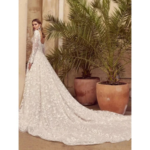 White Square Neck Ball Gown Wedding Dress With Train Vintage Style Long Sleeve Lace A Line Bridal Gown - Product Image 2