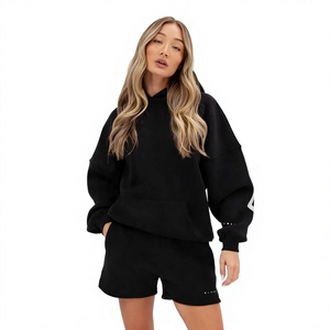 Ensemble 2 pièces pour femme : sweat à capuche court et short, couleur unie, en molleton, décontracté, sportswear, manches longues, coupe ample, toutes saisons - Product Image 1