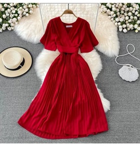 Verano nuevo estilo cuello en V <span class=keywords><strong>Vestido</strong></span> <span class=keywords><strong>de</strong></span> manga corta rodilla-adelgazamiento plisado elegante Ladylike cintura-ceñido con cordones grandes vestidos casuales - Product Image 6