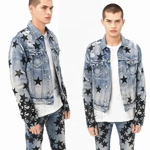 OEM High quality brand logo top model custom distressed denim mens jean jacket sets men