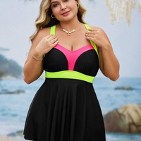 Maillot de bain une pièce color-block à col en V pour femmes européennes et américaines grandes tailles, avec design amincissant dissimulant le ventre, durable